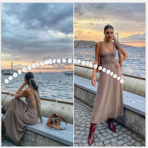 ZARA TAUPE KNIT BANDAGE V NECK OPEN BACK MIDI MAXI DRESS - Picture 1 of 14